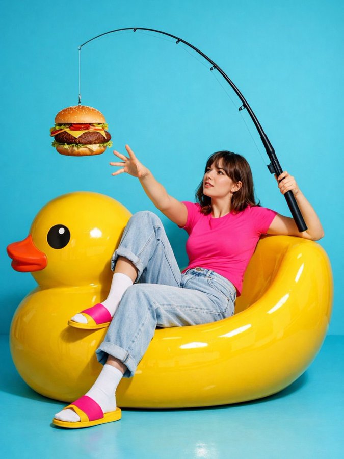 俏皮少女垂钓汉堡波普艺术照