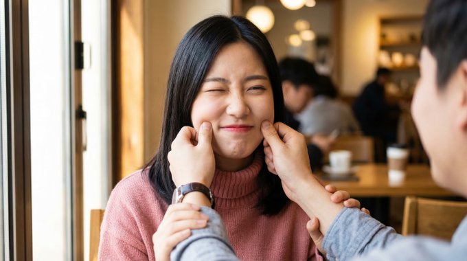 午后咖啡馆的俏皮甜蜜互动瞬间