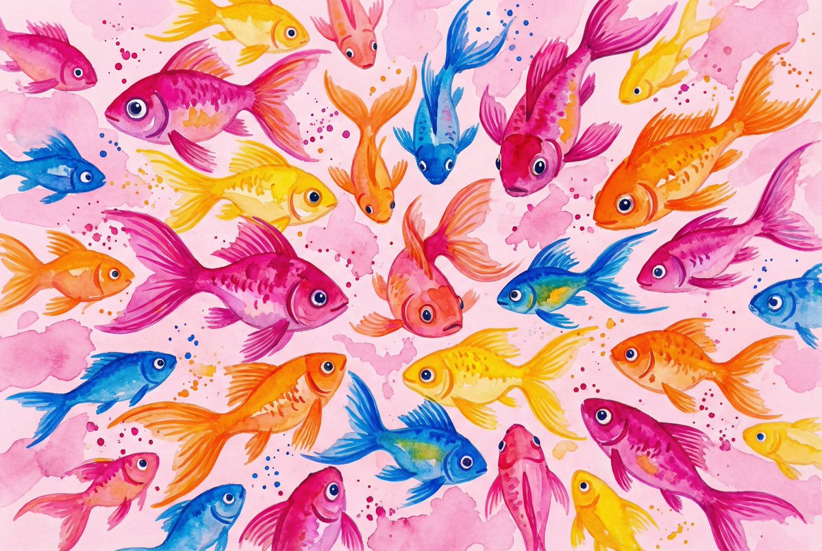 水彩笔触下的俏皮彩色鱼群
