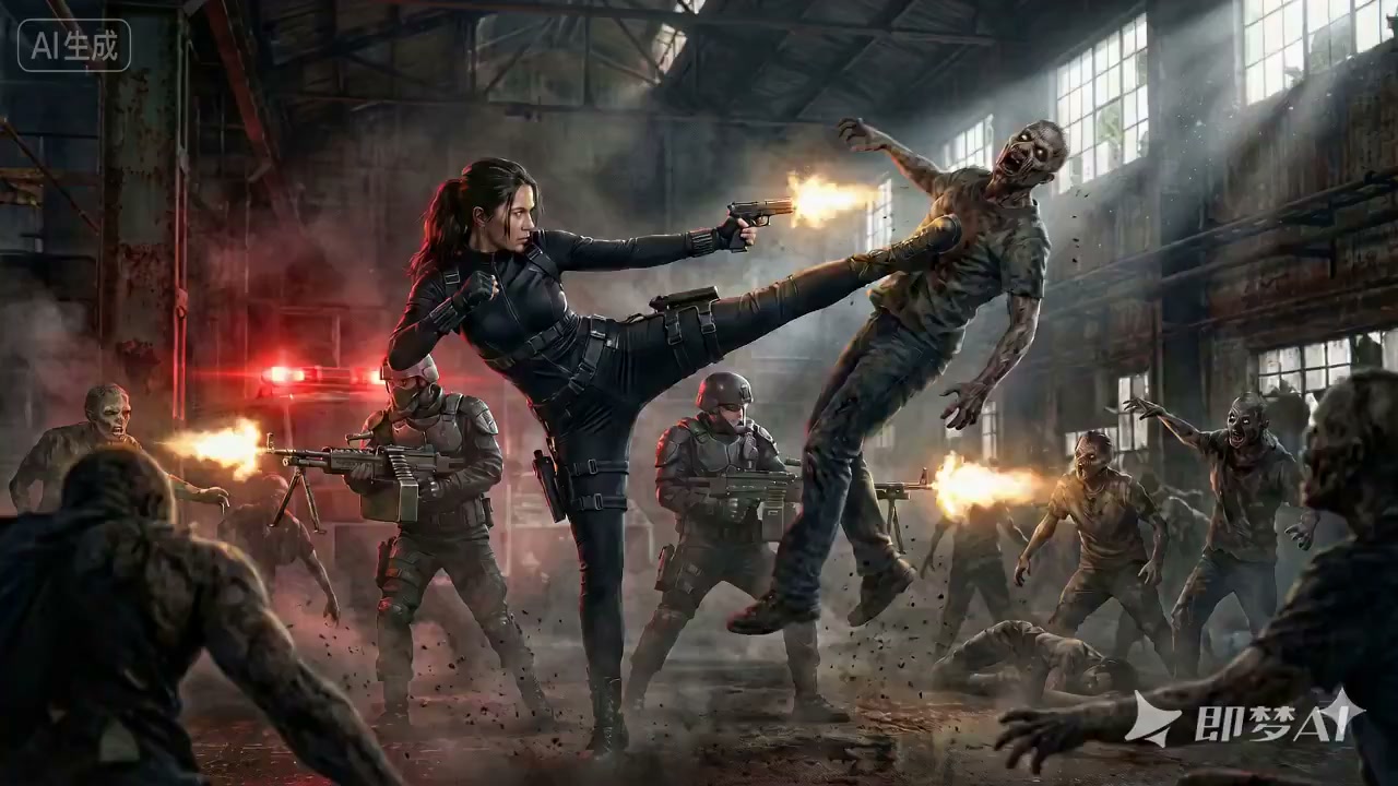 废墟工厂中凌厉回旋踢的末世女战士