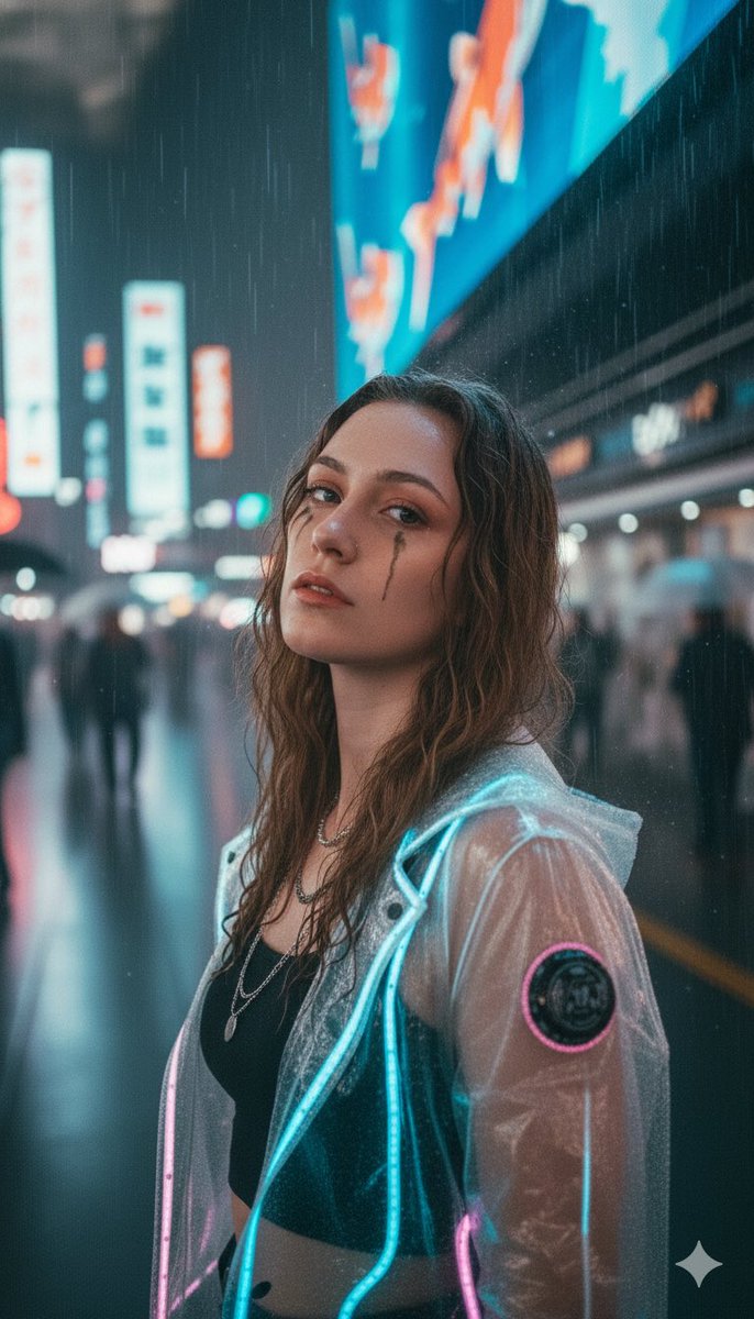 暴雨夜新宿全息锦鲤下的冷艳赛博少女