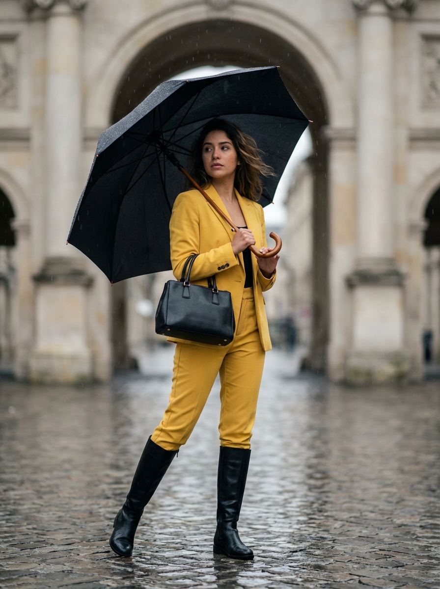 雨中明黄西装女人的优雅定格
