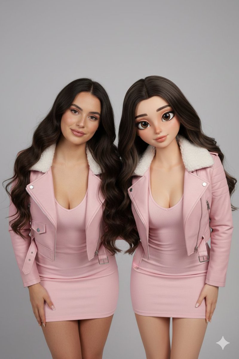 真实与3D风格对比：粉衣姐妹的镜像摆拍