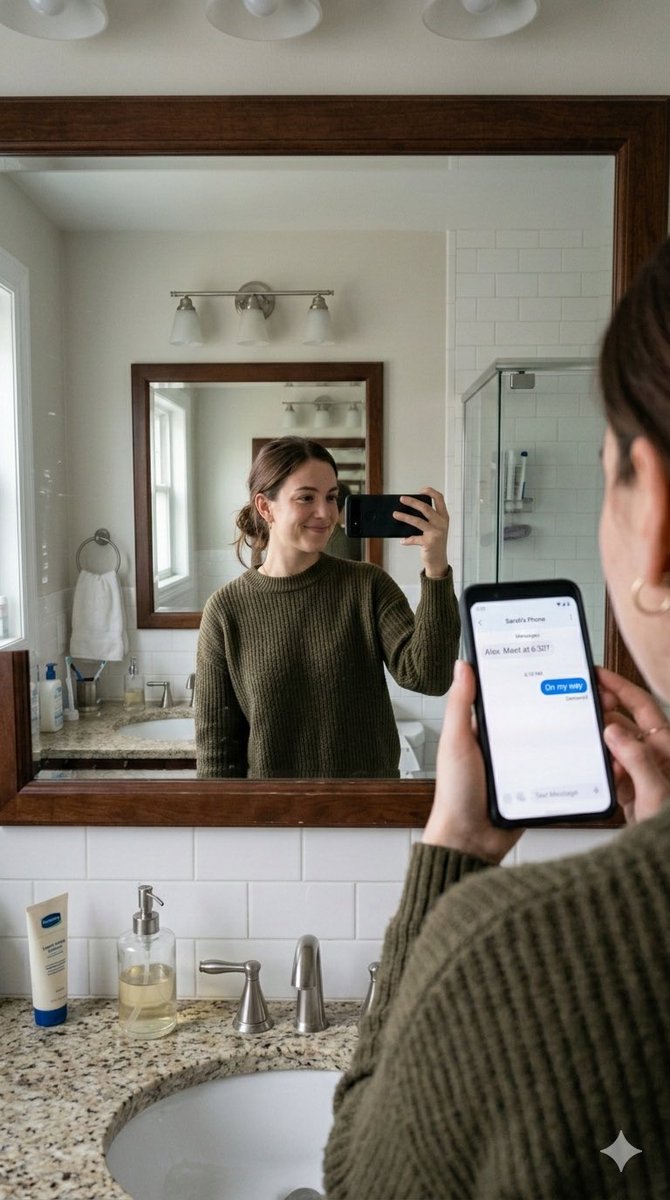 浴室镜前逼真自拍与手机聊天