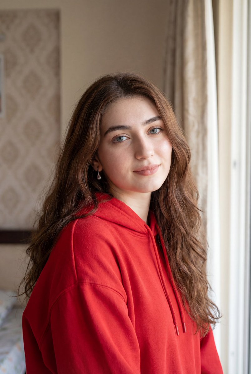 超写实自然光红衣少女卧室肖像