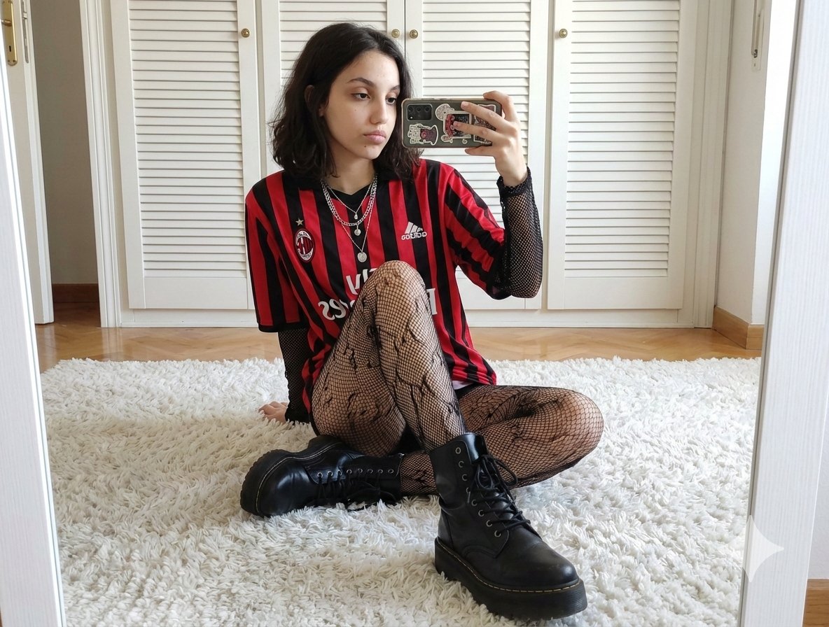 红黑条纹球衣辣妹的地毯镜面自拍