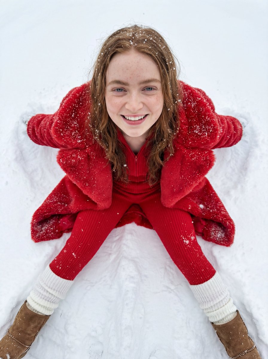 雪地红衣少女灿烂笑容超写实微距摄影