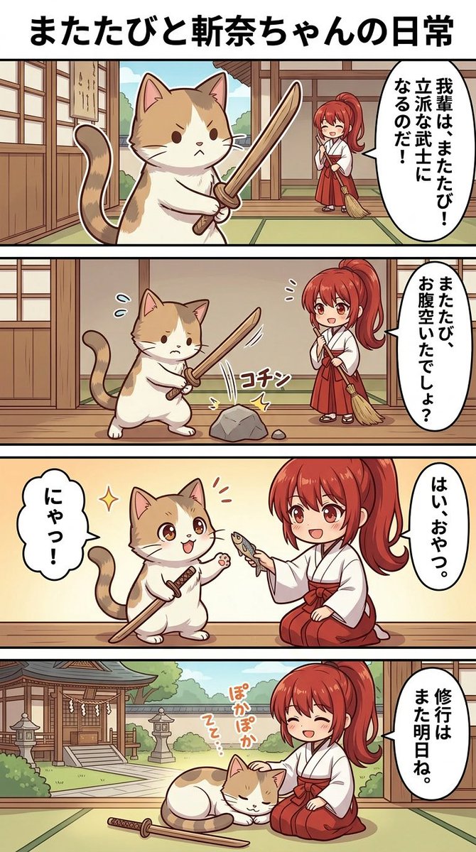 红发少女与猫咪的温馨四格日常