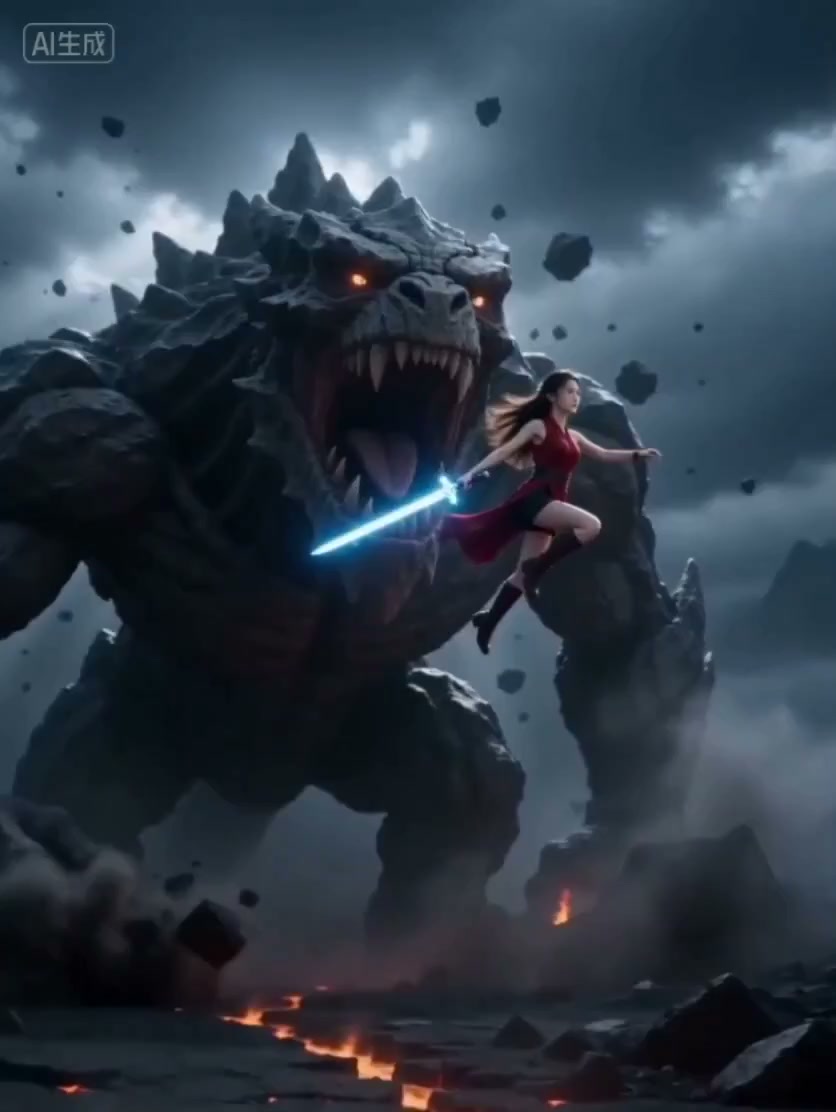 红衣剑客激战巨型岩石怪兽