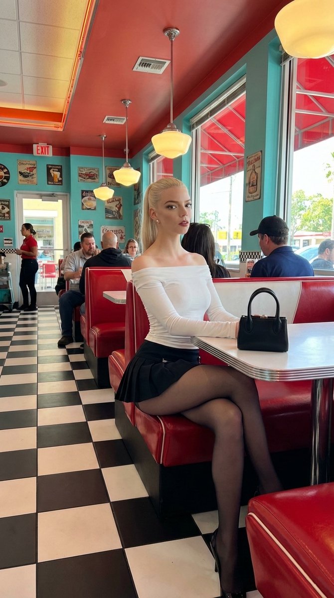复古餐厅中的金发时尚尤物