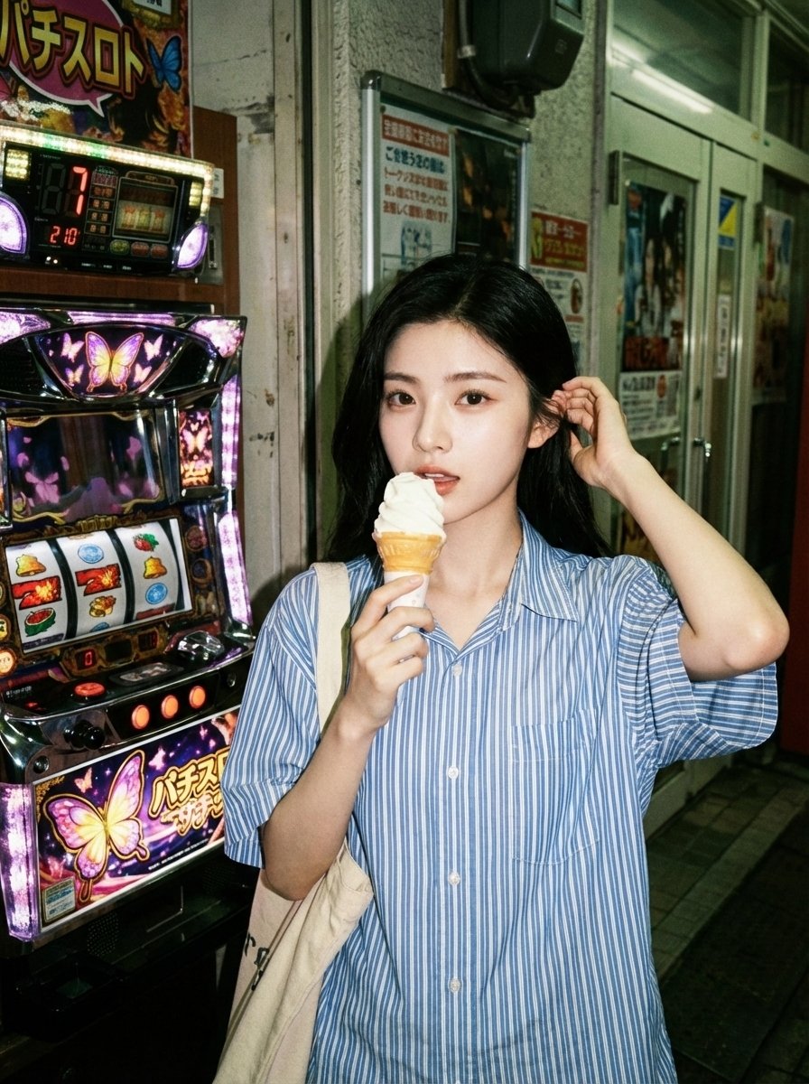 复古胶片感街机厅吃冰淇淋的少女