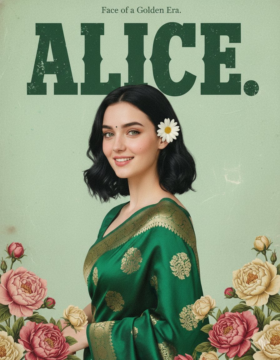 复古印度海报上的绿纱丽少女