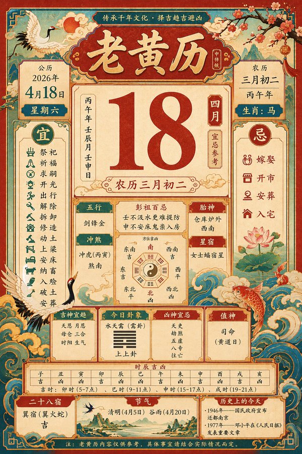 复古传统老黄历二零二六年四月十八