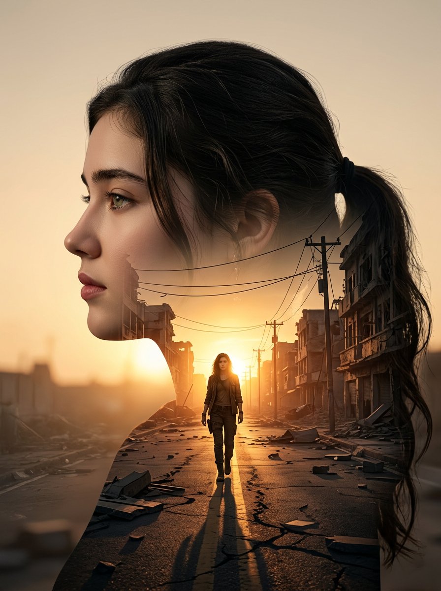 废墟余晖双重曝光侧颜肖像