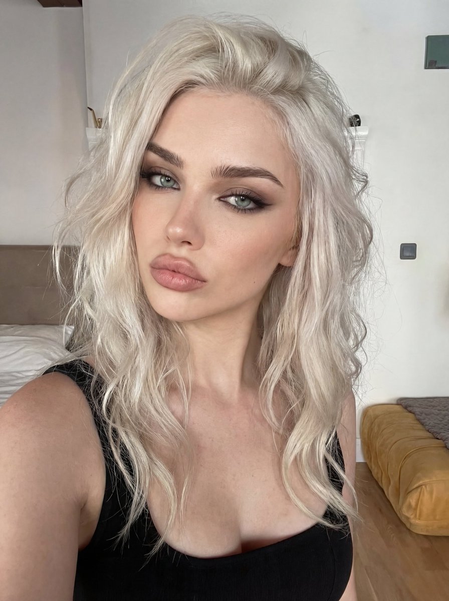 柔和日光下的铂金卷发时尚博主自拍