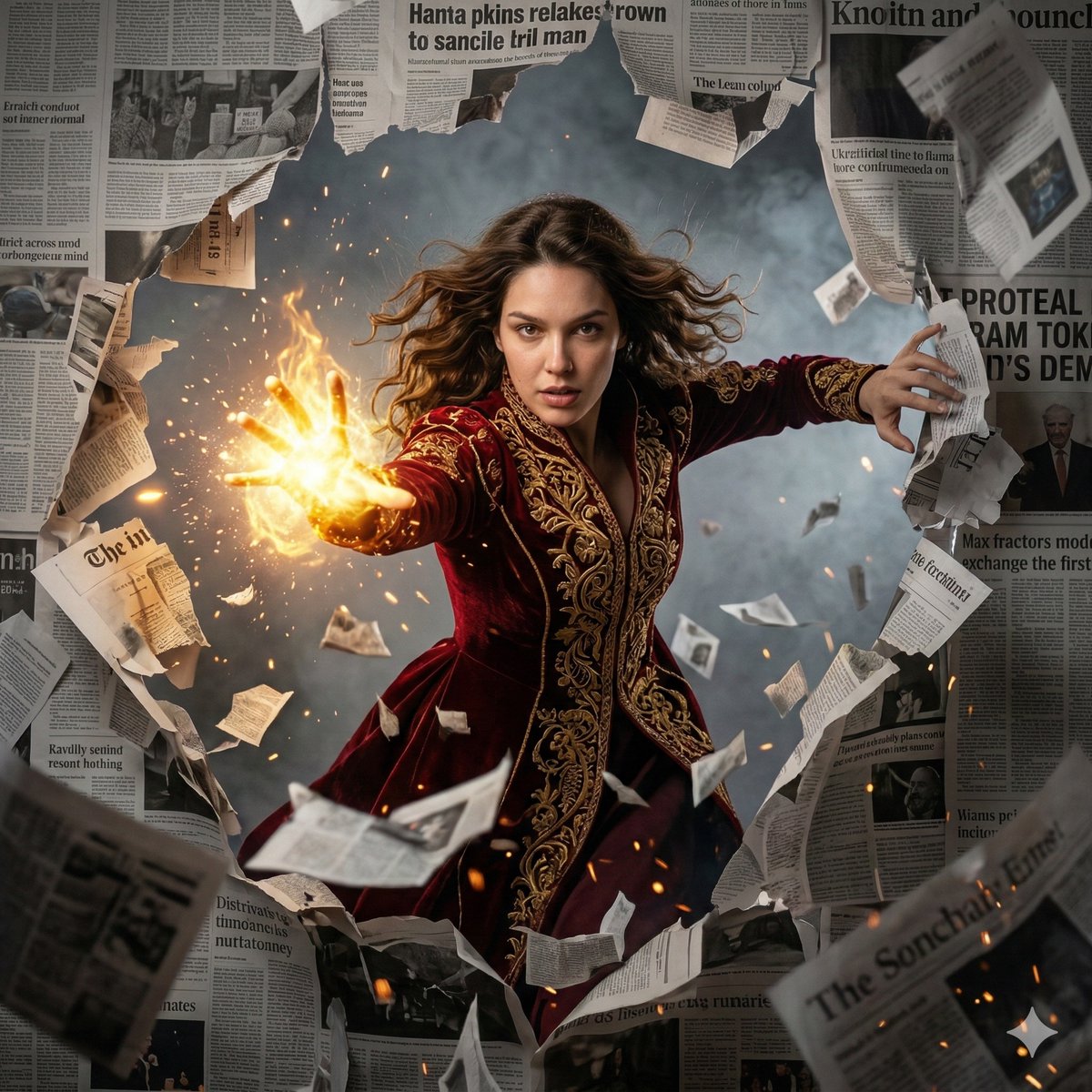 女法师冲破报纸墙释放金色火焰