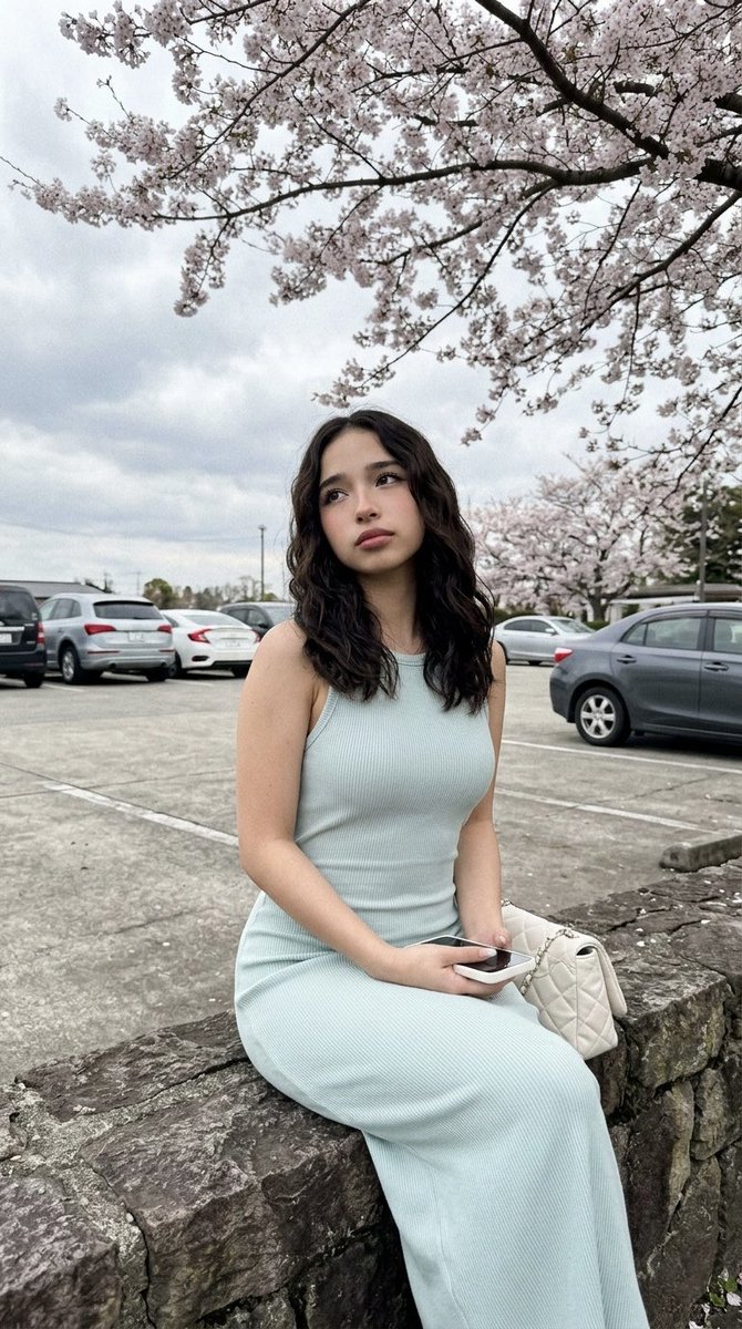 春日樱花树下的薄荷蓝少女