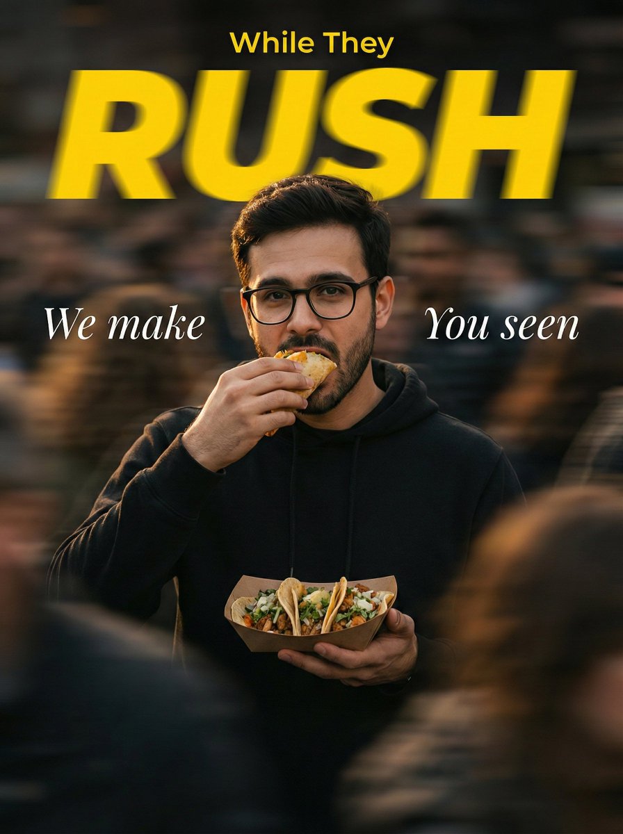 喧嚣中的静止：穿连帽衫男子吃卷饼的商业摄影