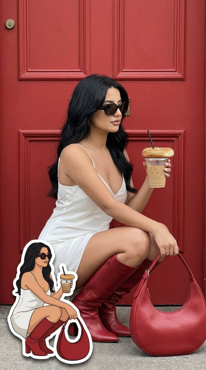 街拍红裙女郎与她的二次元贴纸分身