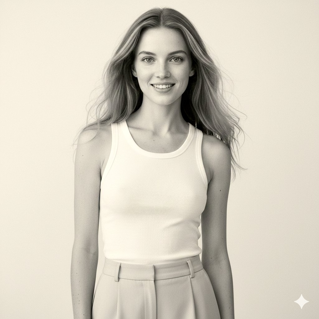 影棚黑白写真：少女迷人微笑