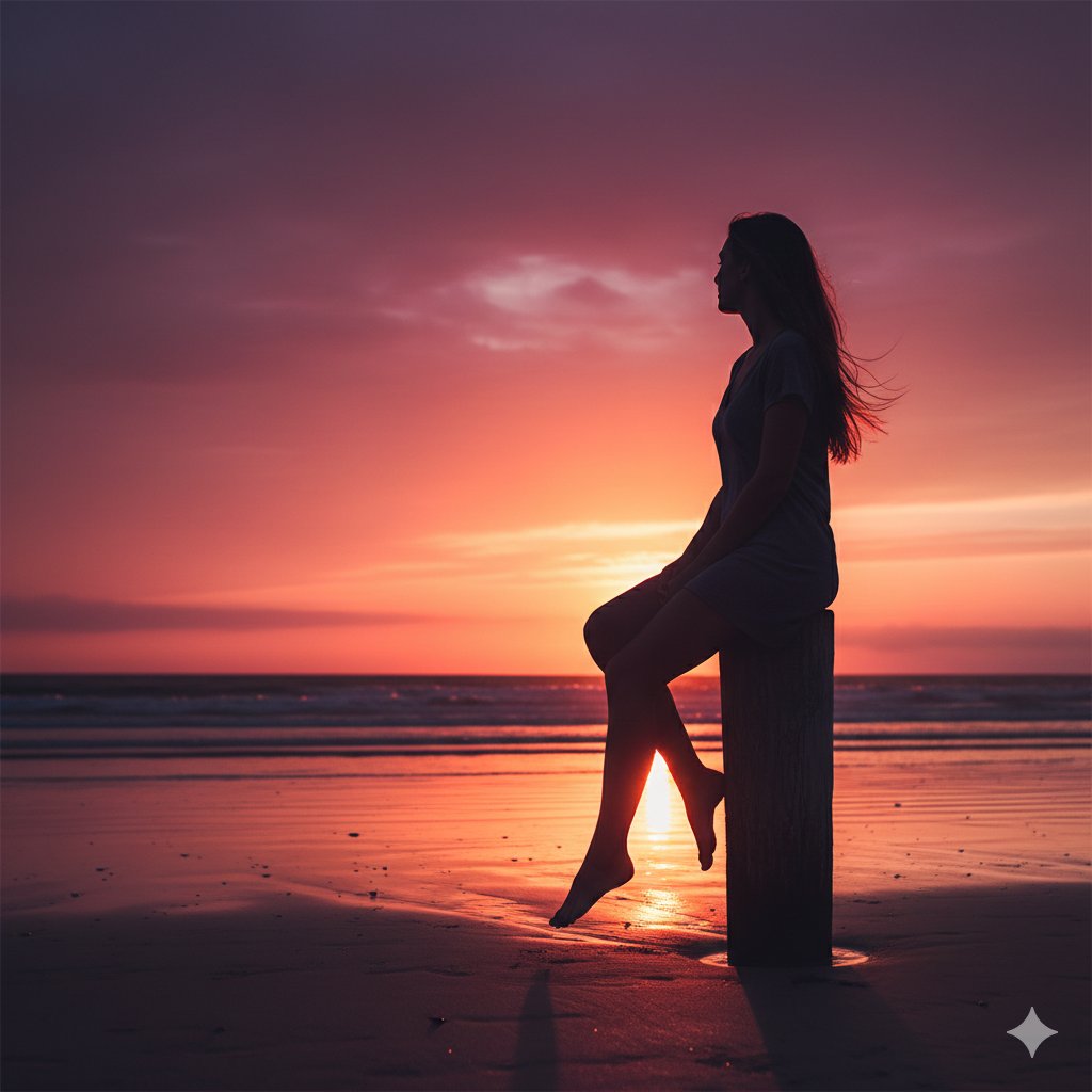 绝美夕阳下海边女子的唯美剪影