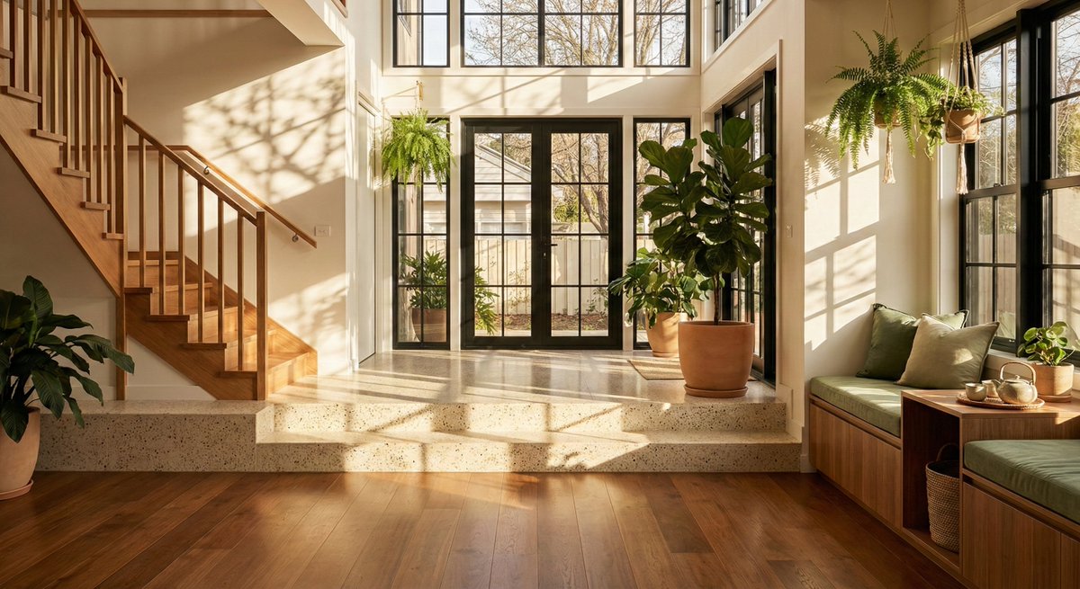 阳光穿透树影的现代错层玄关