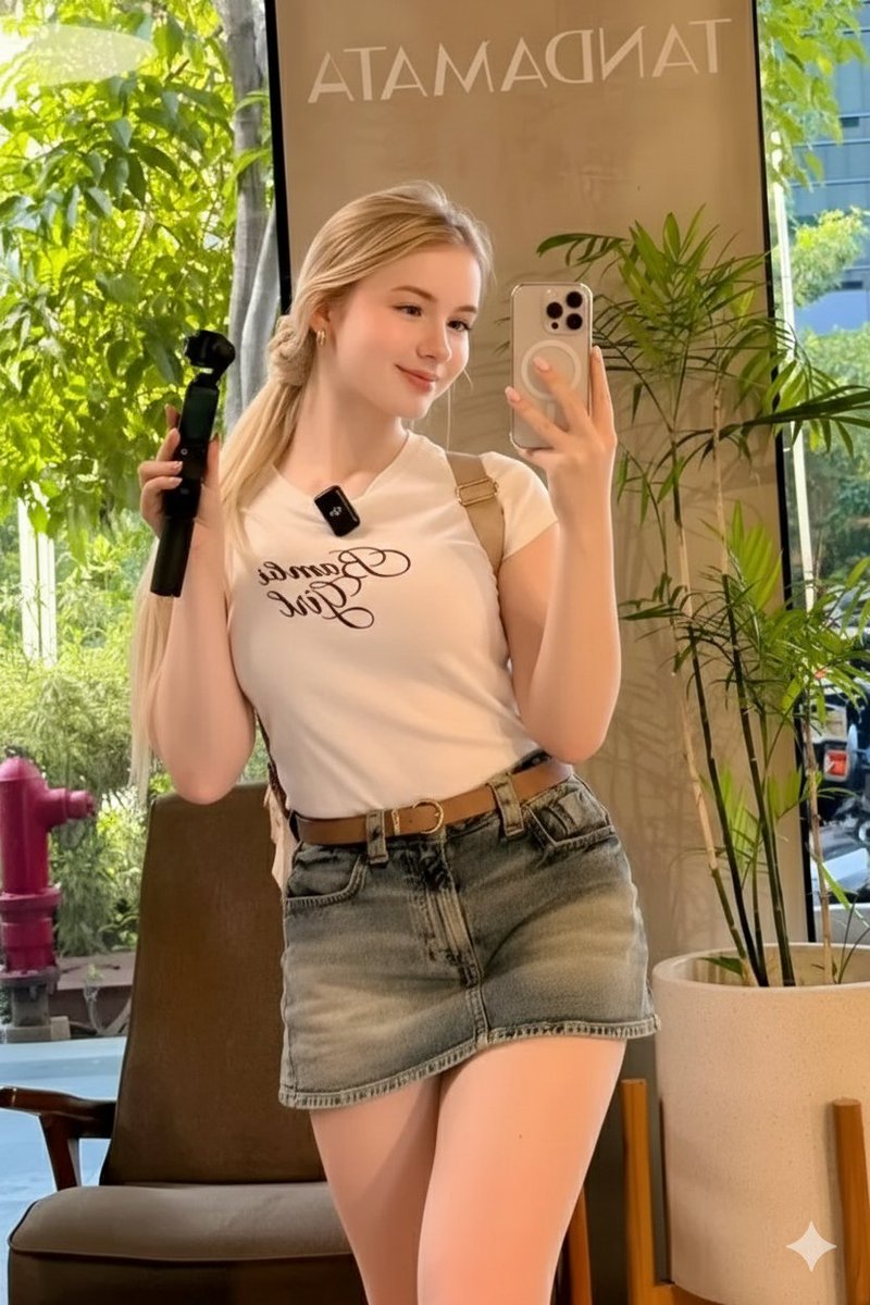 阳光咖啡馆金发女孩手持iPhone对镜超写实自拍