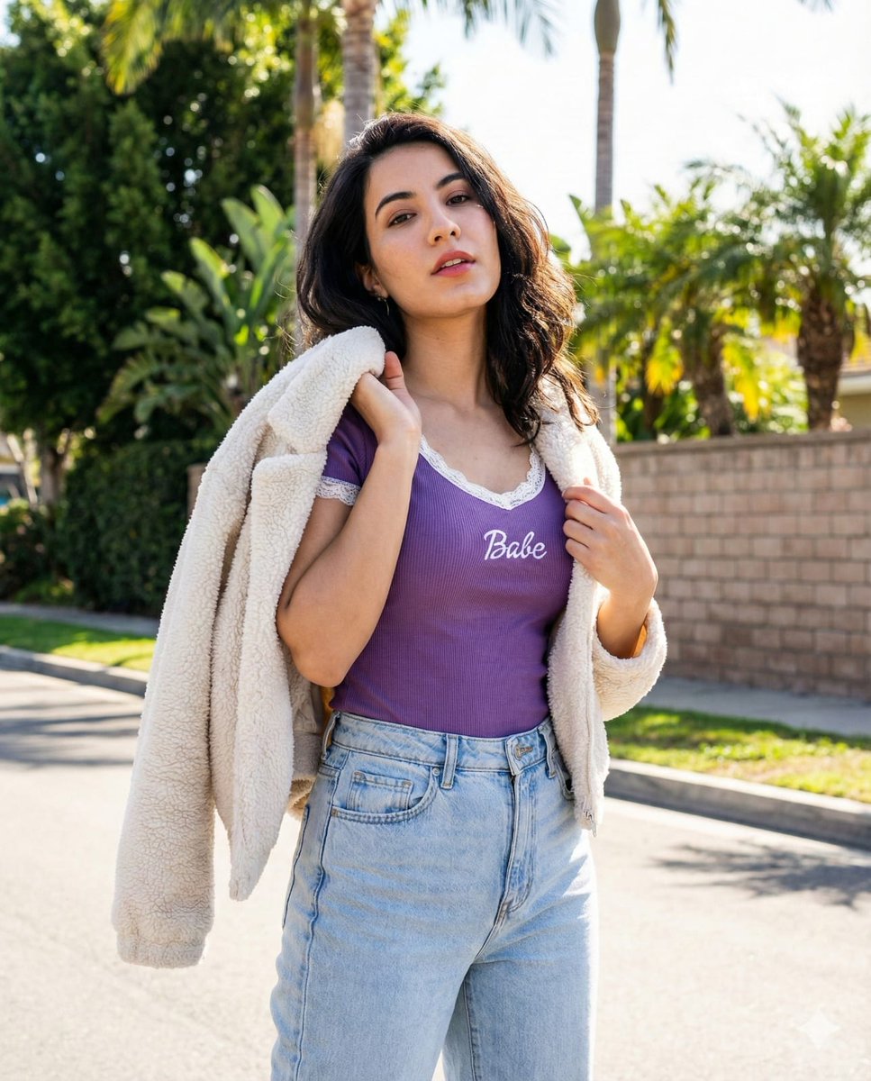 阳光棕榈树下身着紫色上衣的自信少女