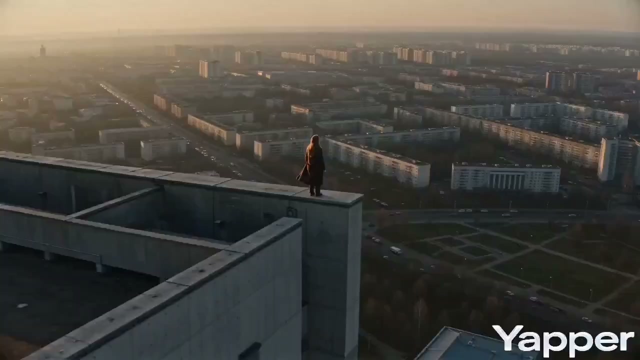 日出时粗野主义屋顶的孤独凝视