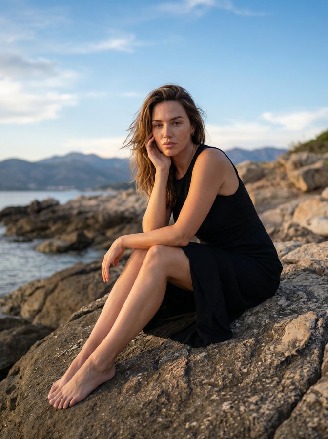 日落海岸礁石上的黑裙少女写实摄影