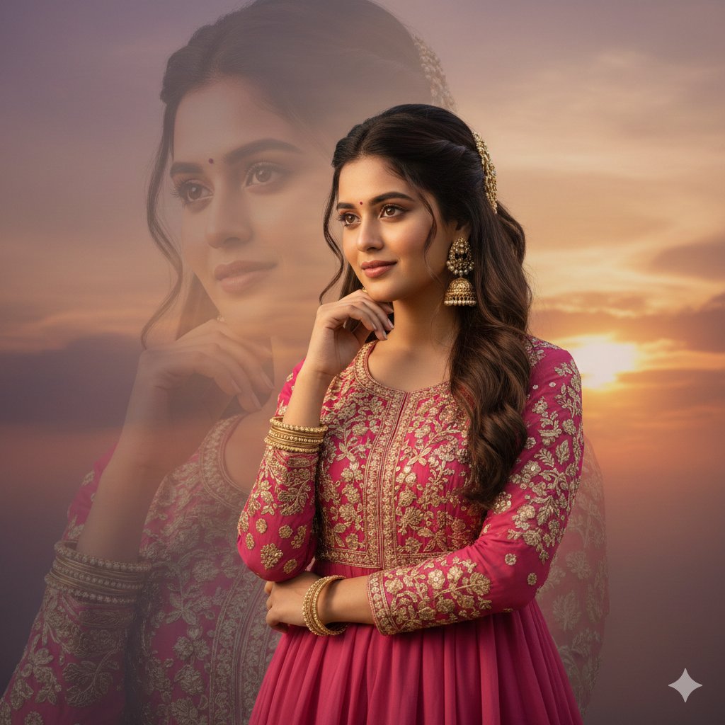 落日双重曝光下的印度丽人