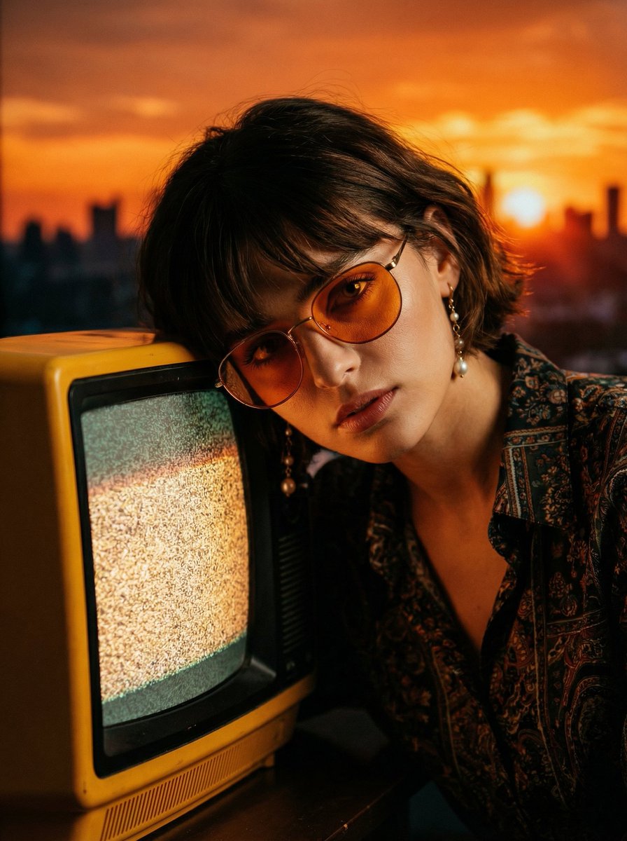 复古电视前的落日时尚女郎