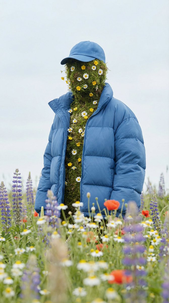 花海中身披绿植的超现实时尚大片