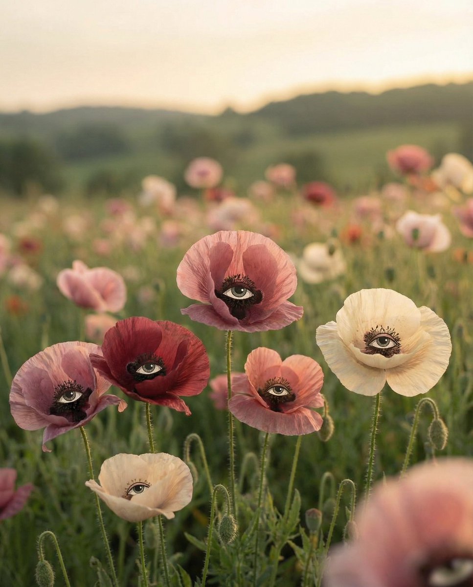 凝视你的超现实红粉罂粟花田
