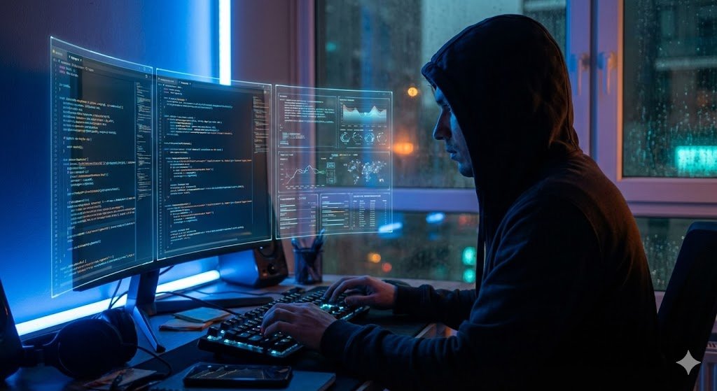 深夜全息屏前的科技黑色电影工程师