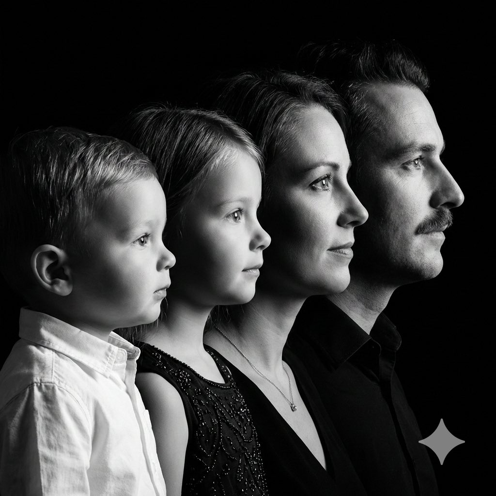 永恒黑白光影下的四口之家侧影