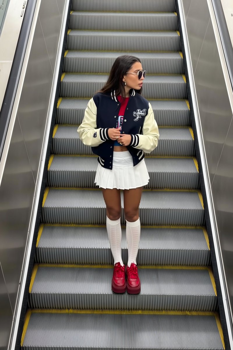 俯拍扶梯上的甜辣穿搭