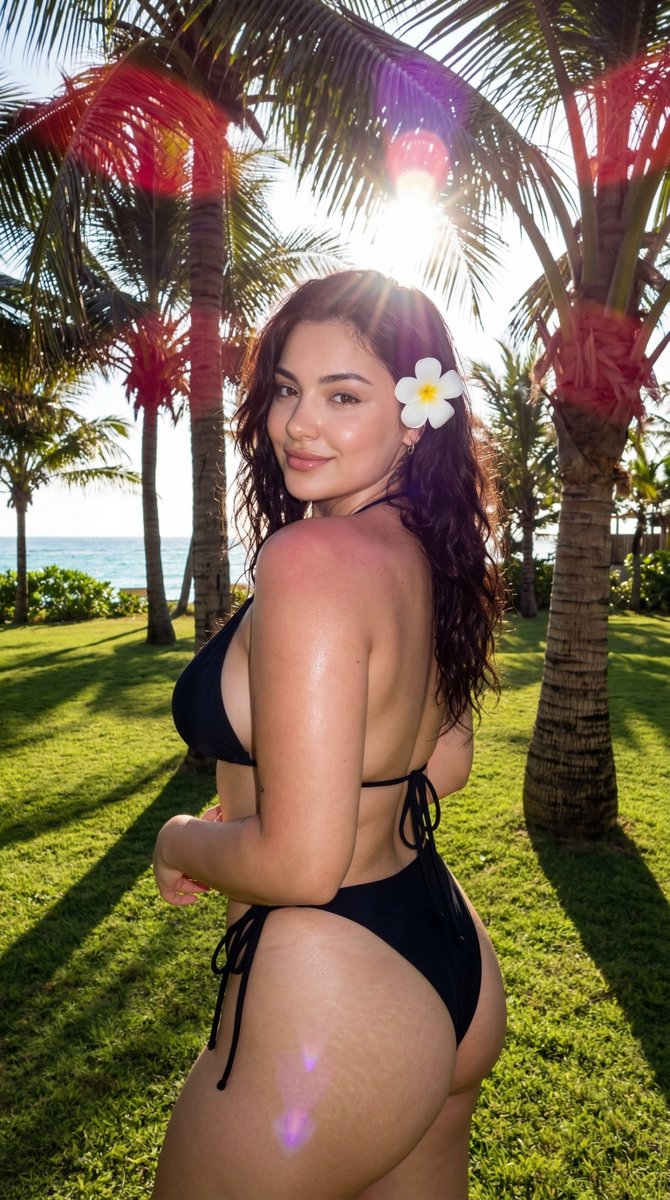 热带草坪黑比基尼逆光少女