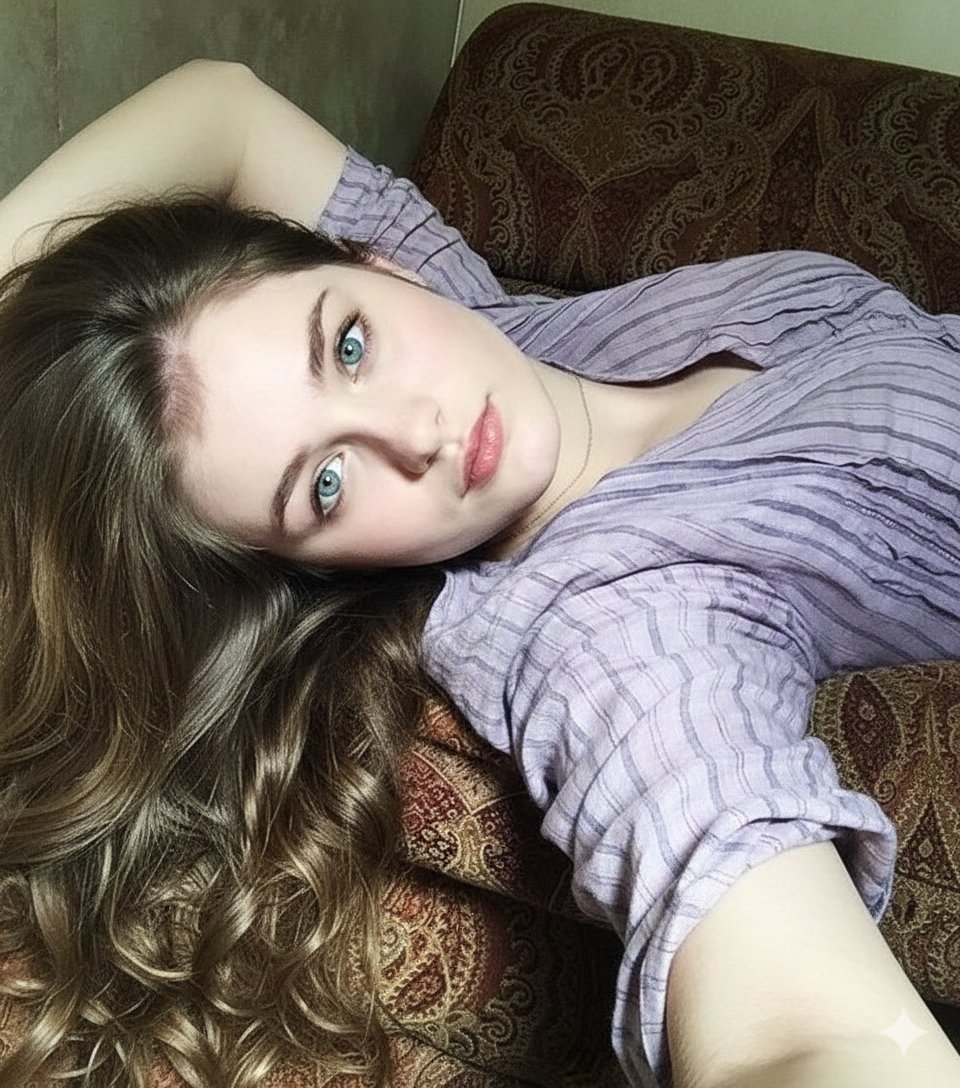 沙发上的绿松石眼眸美女自拍