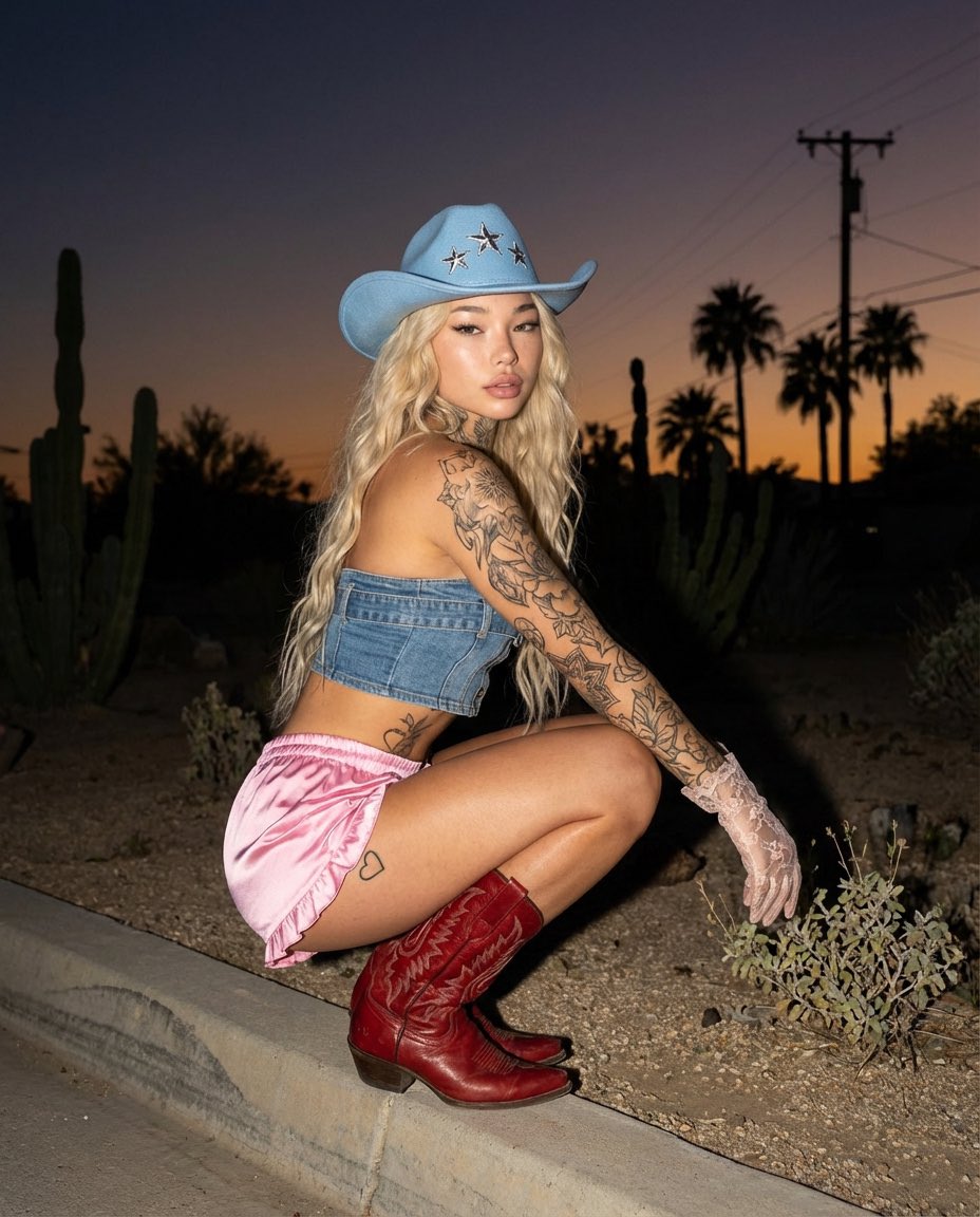 暮色沙漠中的牛仔时尚女郎