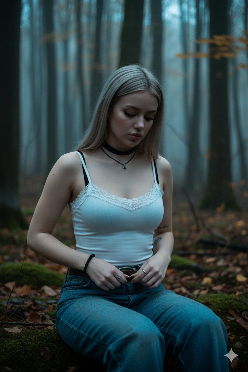 暮光森林中苍白肌肤的哥特少女与忧郁情绪写实摄影