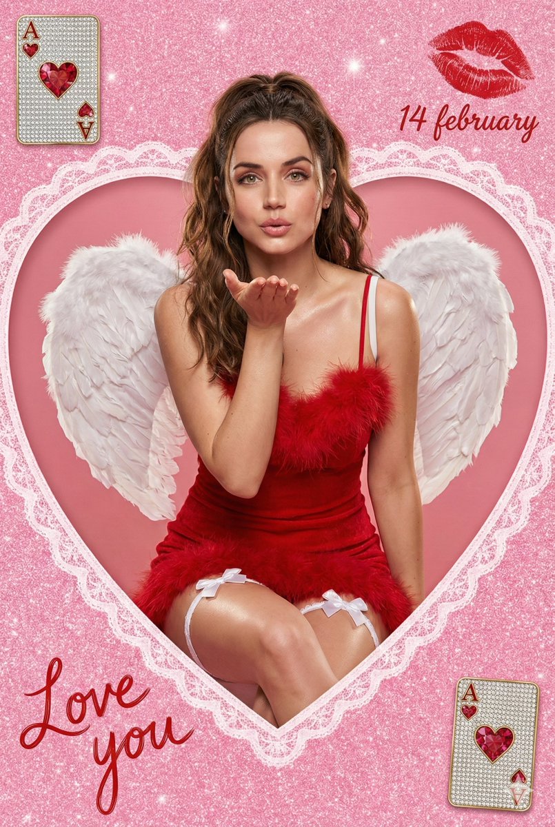 情人节爱心窗里的红裙飞吻天使