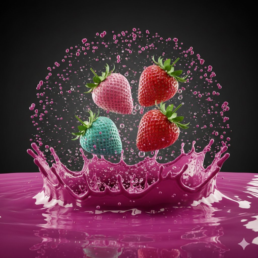 绚丽草莓溅入彩色液体的瞬间