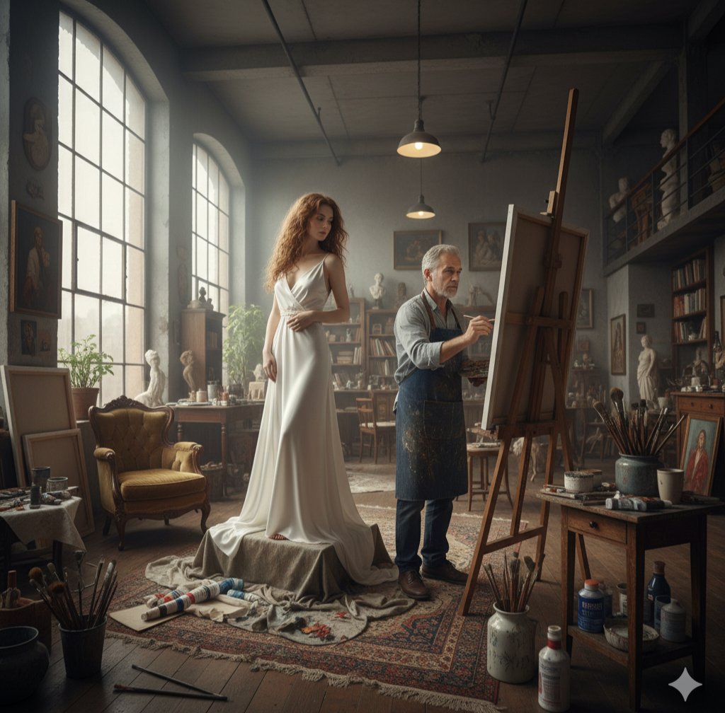 画家为红发模特画像的复古艺术工作室