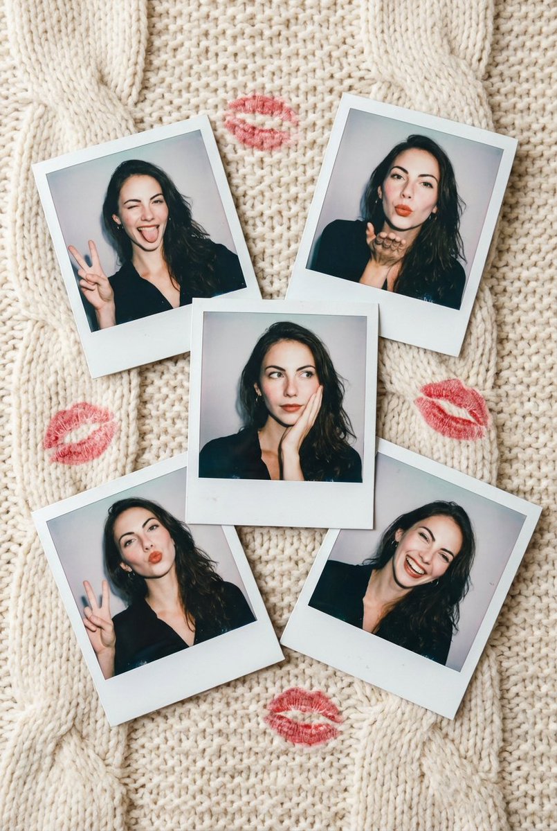 散落在羊毛毯上的复古宝丽来俏皮女孩