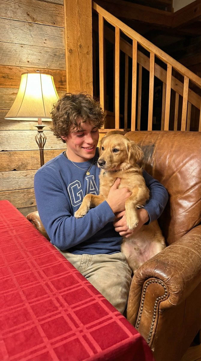 暖黄灯光下抱着金毛的温馨时刻