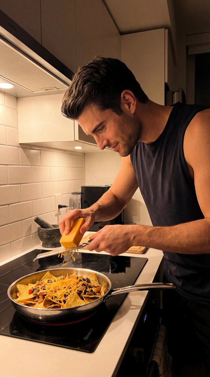 暖光下赤膊烹饪玉米片的居家型男写实照