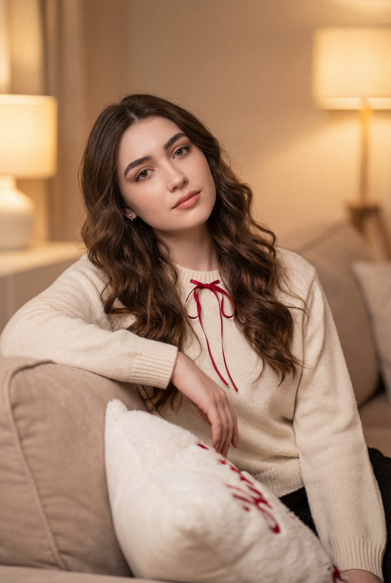 暖光沙发上的超写实美少女肖像