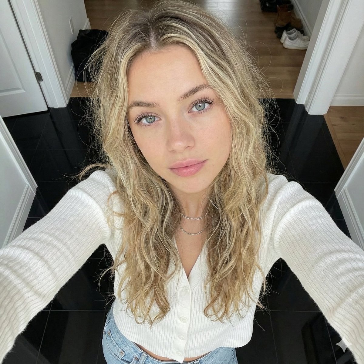 穿白色针织衫的金发少女高角度唯美自拍