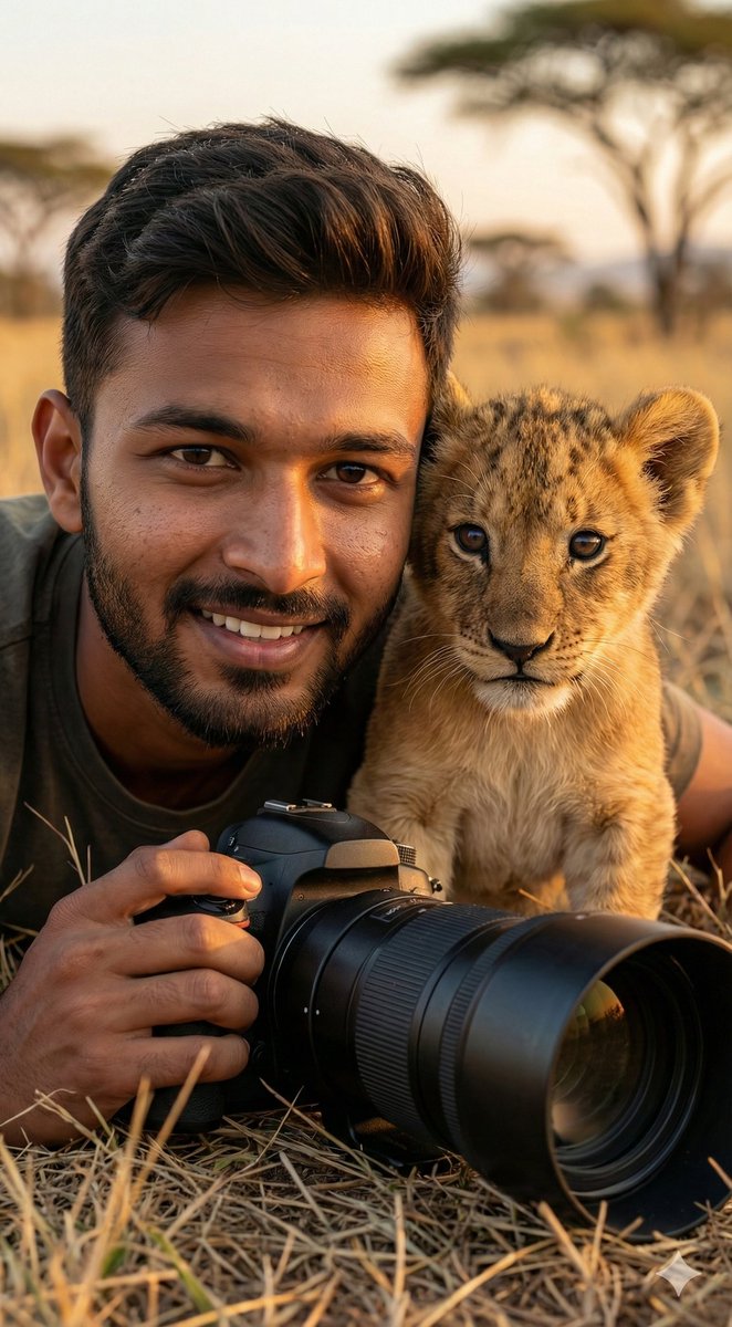 俯拍摄影师与萌狮幼崽的温情对视